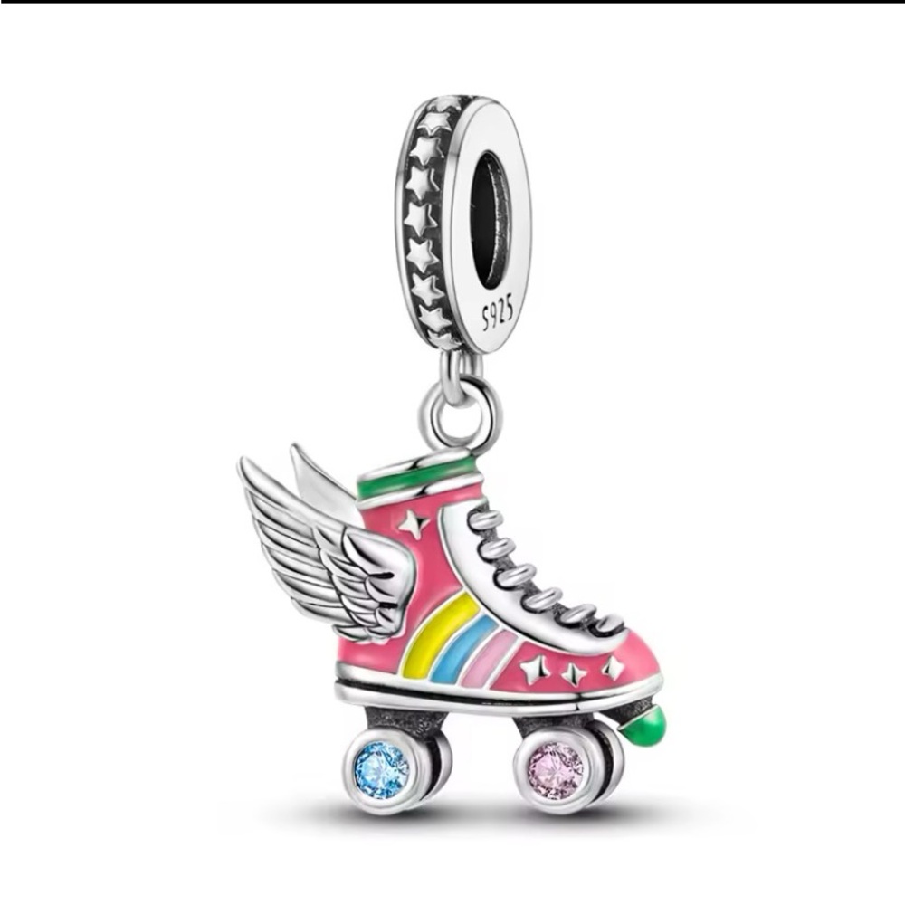 925 Sterling Silver Colorful Roller Skate Charm Pendant with Wings - Picture 11 of 14